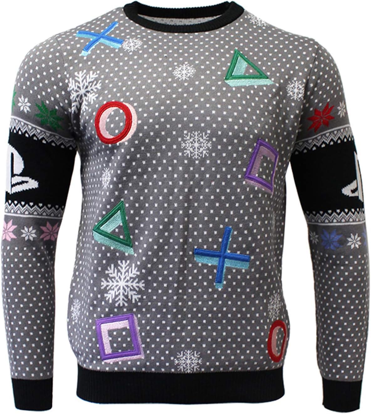 Numskull Unisex Official Playstation Symbols Grey Knitted Christmas Jumper for Men or Women - Ugly Novelty Sweater Gift