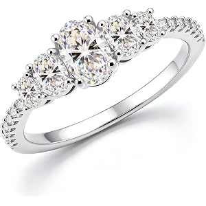 Delzzad 1.2CT Five Stone Oval Moissanite Ring for Women, D Color VVS1 Anniversary Ring, Past Present Future Promise Ring, 18K