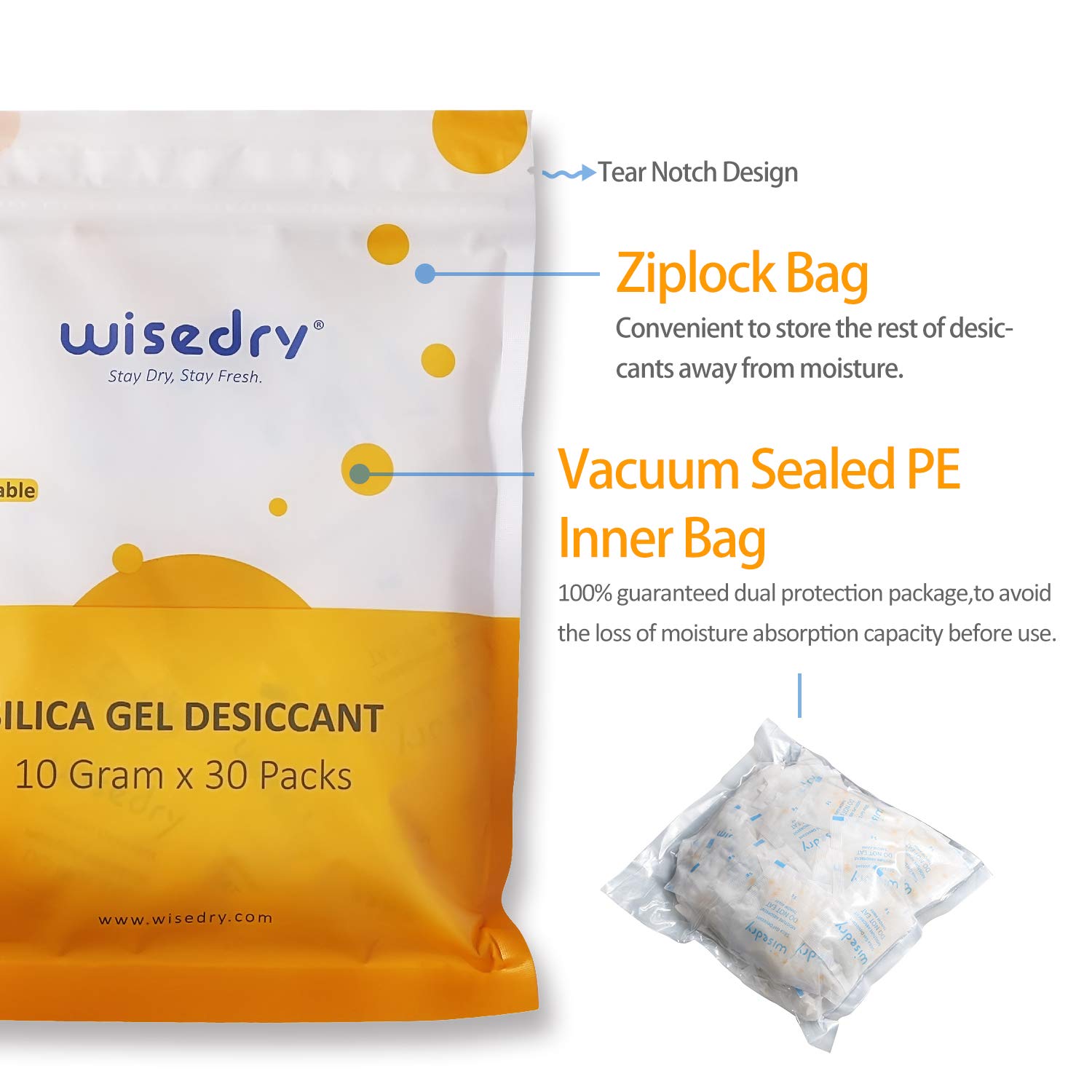 wisedry Silica Gel Sachets Bags 10 Gram x 30 Packs with Orange Beads Humidity Indicator Desiccant Packs Moisture Absorber for Air Dryer Moisture Removal Food Grade - Image 3