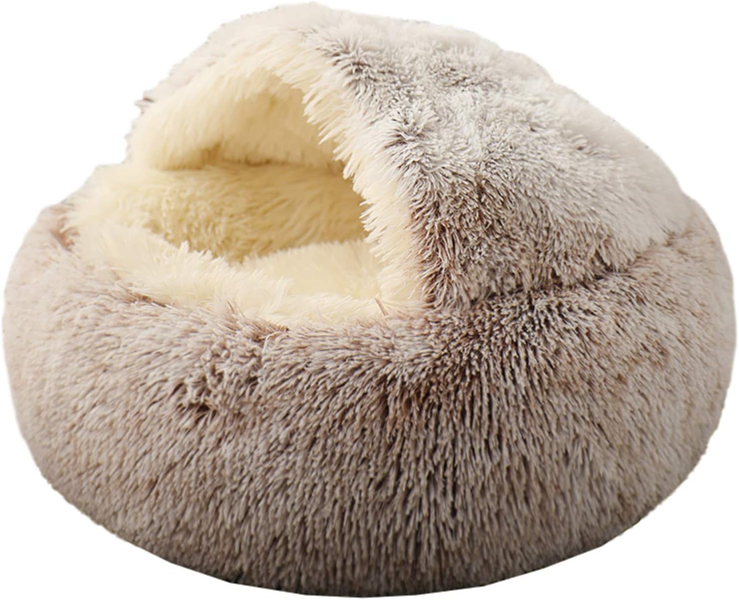 MEETOZ Cat Bed Round Fluffy Hooded Cat Bed Cave with Non-collapsed Plush Cover, Faux Fur Cuddler Round Comfortable Self Warming Pet Bed, Machine Washable, Waterproof Bottom