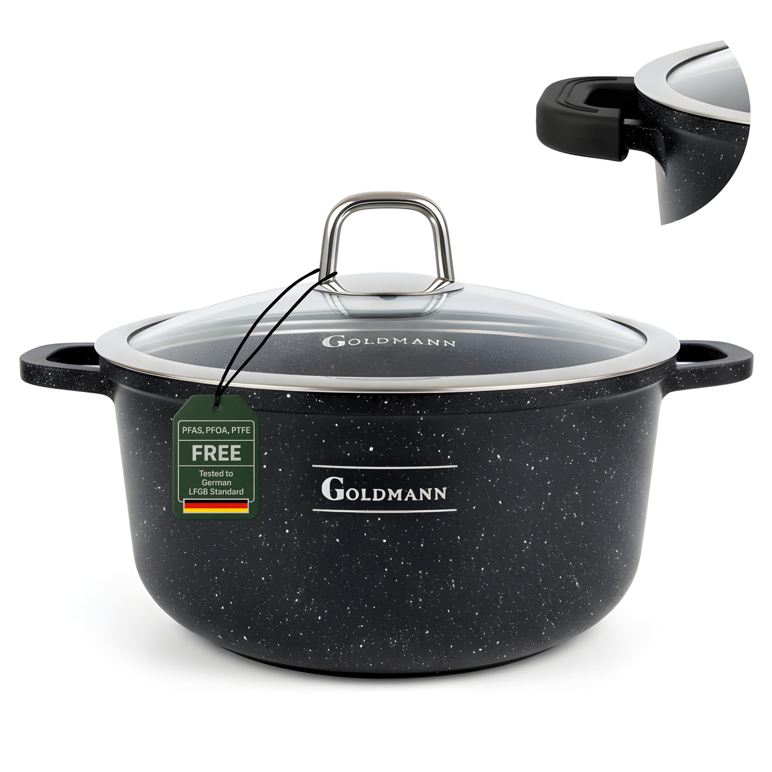 GOLDMANN Kochtopf aus Aluminiumguss, 24 cm - 4.5 L, antihaftbeschichtete Keramik-Marmor-Optik, Glasdeckel, induktions- und für alle Herdarten geeignet, ofenfest und PFOA-frei