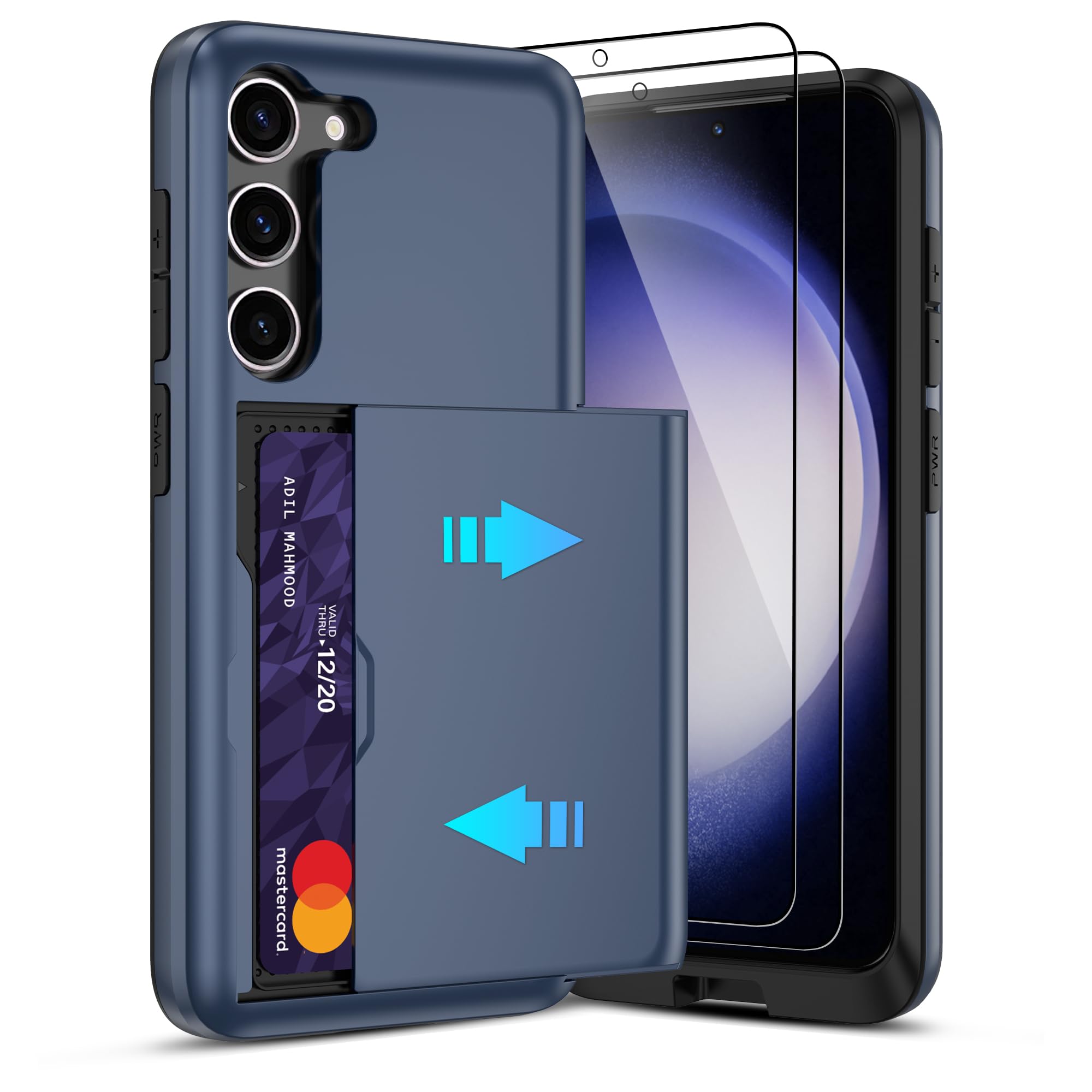 Pilaru Sliding Card Holder Case for Samsung S23 Plus | Hidden Slot Cards | 2 Screen Protectors | Shockproof & Anti-Slip Protective Wallet Cover | Durable Dual-Layer Design for Galaxy S23 Plus,Blue