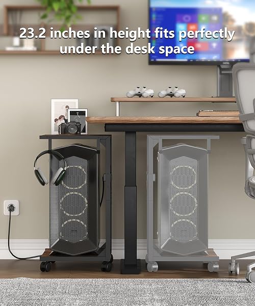 AKXOMEL 2 TIER COMPUTER TOWER STAND WITH CHARGING STATION, 11.8″ D X 16.5″ W ROLLING FLOOR PC TOWER STAND FITS UNDER DESK, CPU HOLDER CART FOR CARPET WITH HOOKS, C SHAPED END TABLE FOR HOME OFFICE