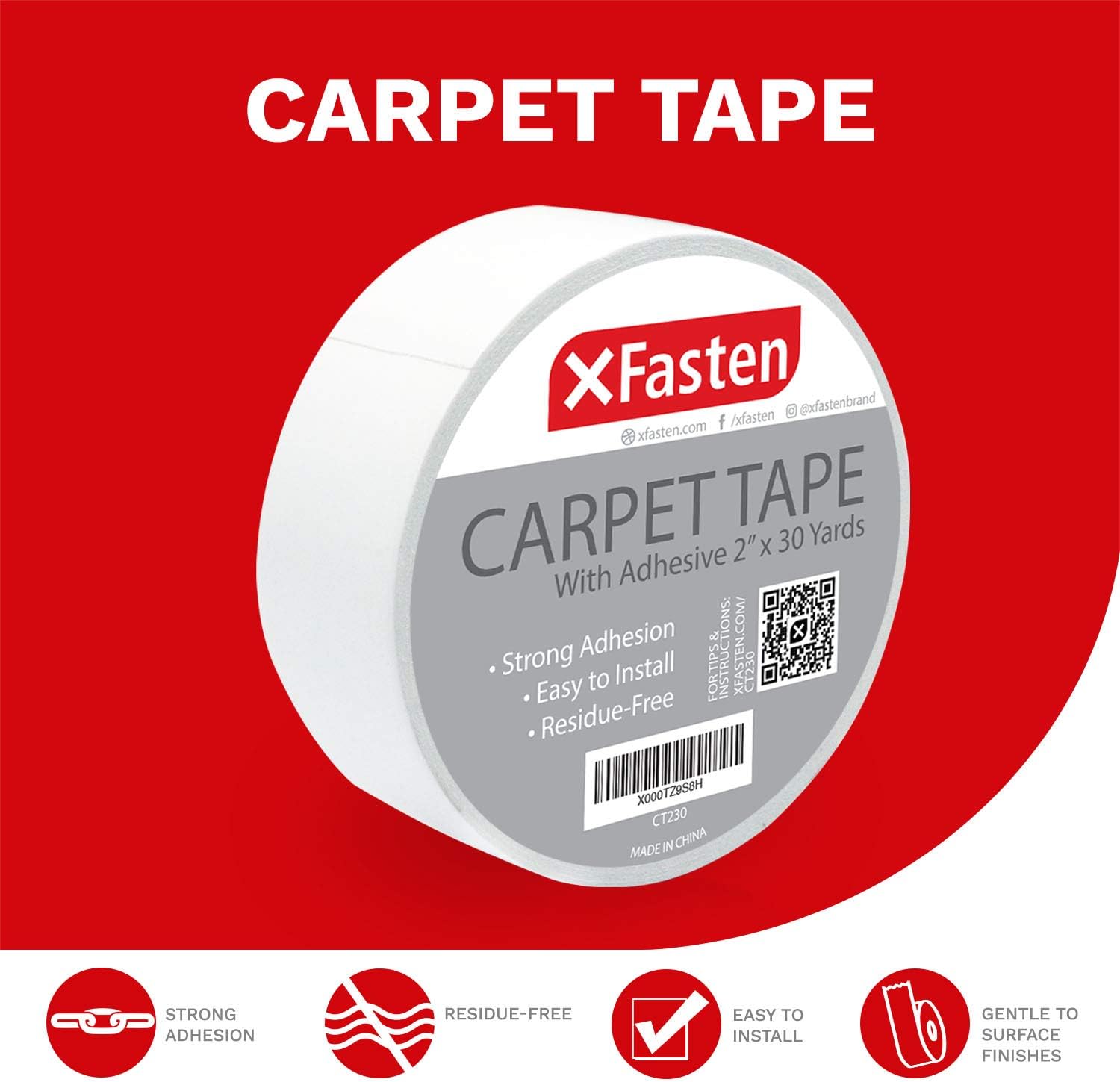 XFasten Double Sided Carpet Tape for Area Rugs, Residue-Free, 2-Inch x 30 Yards; Wood Safe 2 Faced Rug Tape for Carpet to Floor and Rug to Carpet Applications - - 