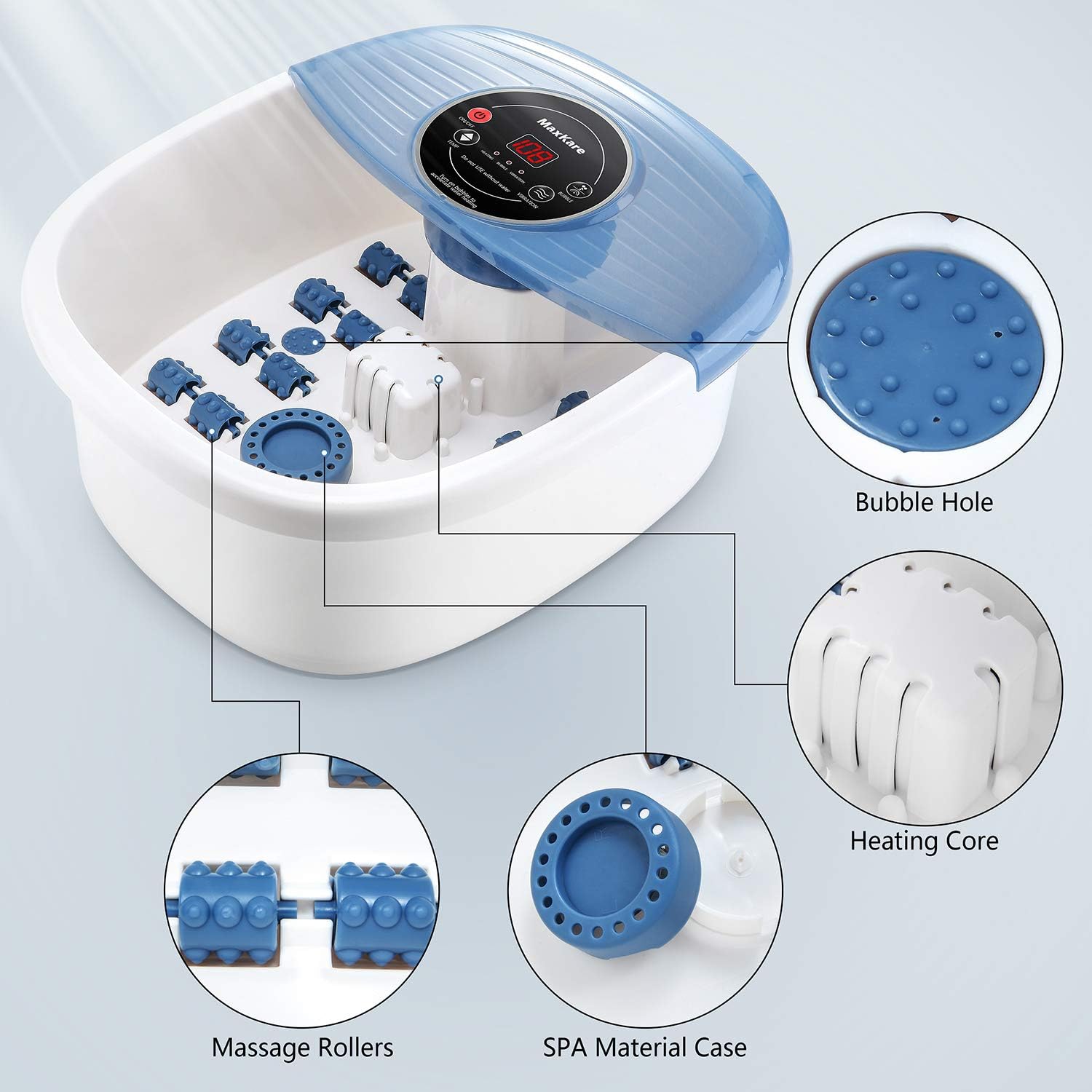 MaxKare Foot Bath, Foot Spa Massagers with Heat & Bubble & Vibration, Temperature Control, Foot Pedicure Tub with16 Masssage Rollers, Relief Feet Stress Massager for Home Use: Beauty