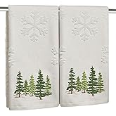 2 Pack Christmas tree Hand Towels 100% Cotton Jacquard snowflake Embroidered Pine Trees holiday Kitchen dish Towels Retro Neutral Beige Bathroom Towels Set gift Seasonal Xmas Winter Bathroom Decor