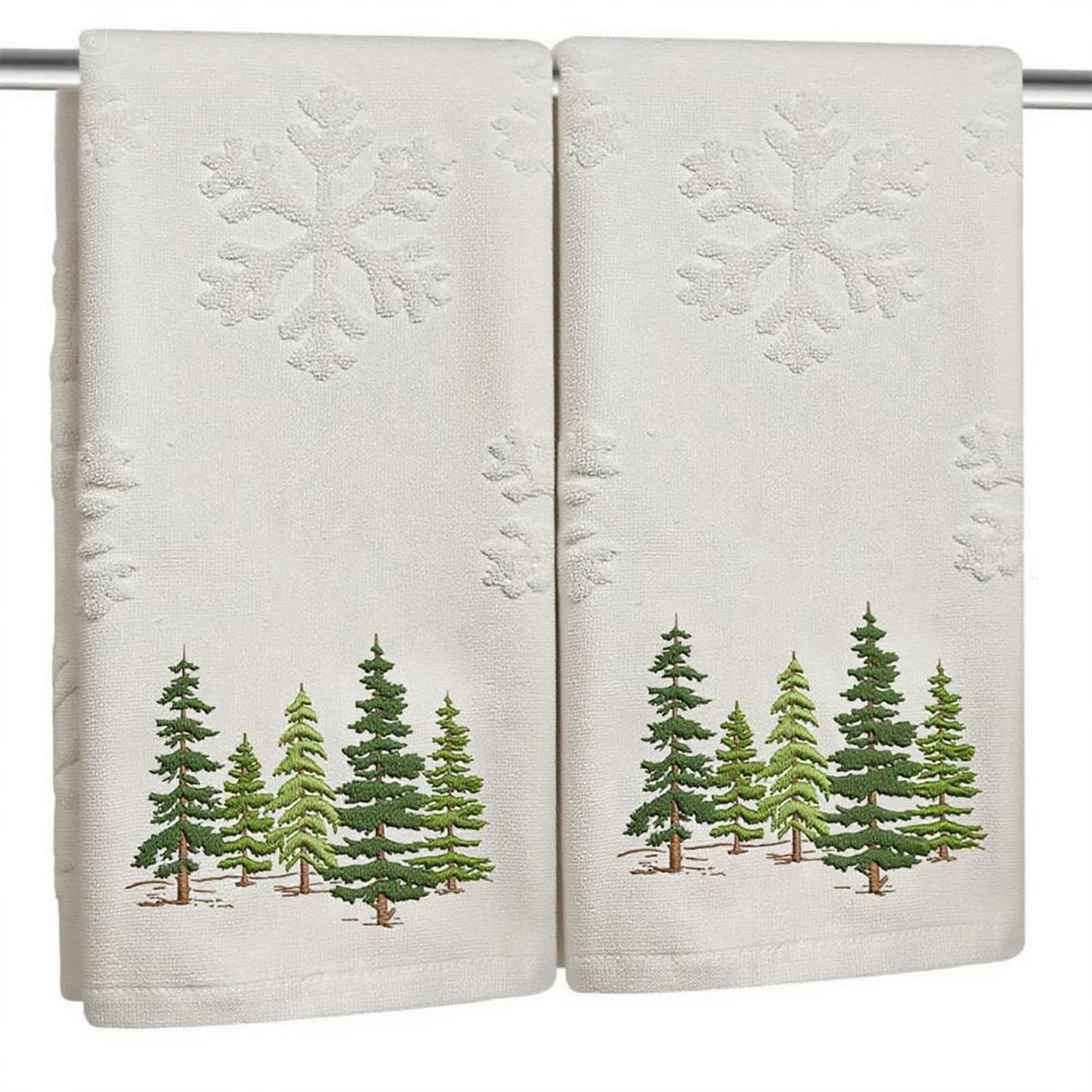 Photo 1 of 2 Pack Christmas tree Hand Towels 100% Cotton Jacquard snowflake Embroidered Pine Trees holiday Kitchen dish Towels Retro Neutral Beige Bathroom Towels Set gift Seasonal Xmas Winter Bathroom Decor