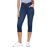 THE GYM PEOPLE Women's Cross Waisted Stretchy Capri Denim Jeggings Tummy Control Skinny Jean Leggings with Pockets