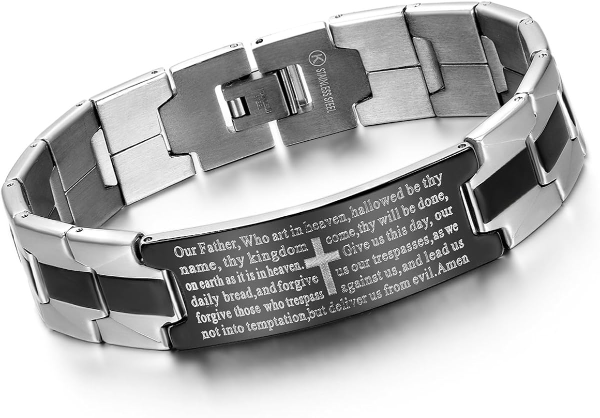 Oidea Mens Classic Stanless Steel Silver and Black Tone English Lord Bible Prayer Bracelet,Fit for 6.5-9.5 Inch Wrist