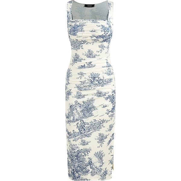 CIDER Toile de Jouy Ruffle Trim Slit Midi Dress: Blue, M at Amazon
