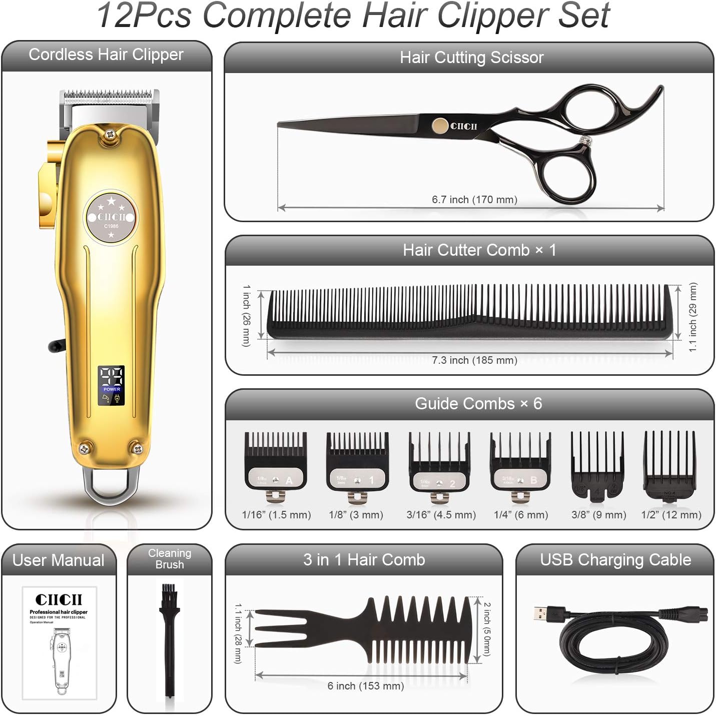 Cordless Hair Clippers for Men, CIICII Professional Hair Trimmer Set (12Pcs USB Rechargeable Adjustable LCD Display Hair Beard Cutting Grooming Trimming Haircut Kit) for DIY Home Barber Salon: Health & Personal Care