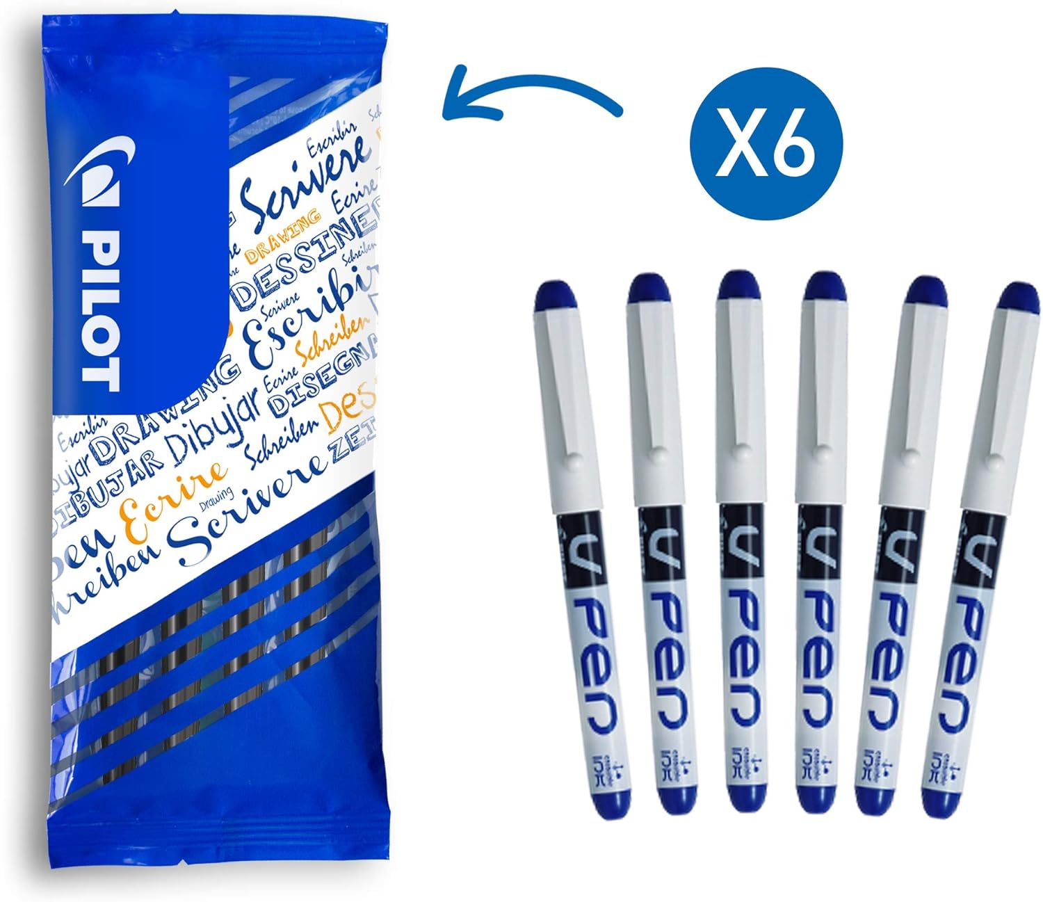 Pilot Vpen Disposable Fountain Pen - Blue (Pack of 6) FLW538929, 6 Count (Pack of 1)
