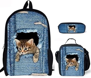 Mignon Chat Imprimé Sac à Dos Décole Scolaire Trousse Sac à Lunch Sac à Main Ensemble De 3 Pièces Pour Filles College Ado Lycée Voyages
