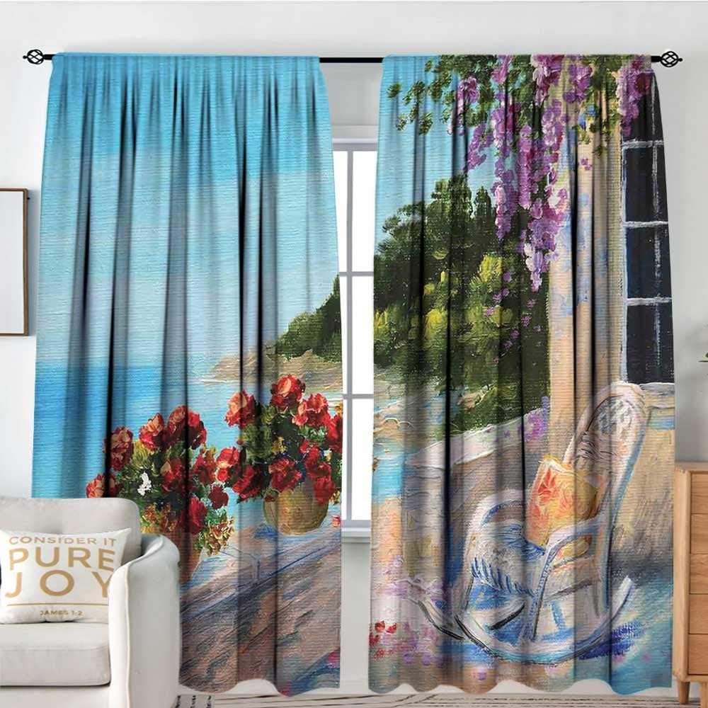 NUOMANAN Decor Room Darkening Wide Curtains Seascape,Sea View Balcony with Cosy Rocking Chair Flowers in Summer Sky Oil Painting Style,Multicolor,Insulating Room Darkening Blackout Drapes 54"x84"