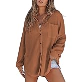 SHEWIN Women's Waffle Knit Button Down Shirts Casual Long Sleeve Shacket Jacket Boyfriend Tops Blouses Loose Fit