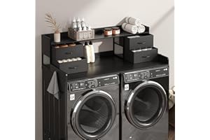 PULSEFAY 4 Drawers Washer Dryer Countertop with Shelf, 27.5" D x 54" W Laundry Topper with 3.54" High Guardrails and Non-Slip Pads,Extra Storage Organizer for Over Washer and Dryer, Holds 66 Lbs, Black