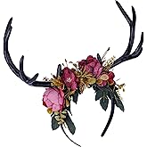 MOSTORY Handmade Dark Antler Flower Headband Fairy Floral Headpiece Black Horns Hairband Medieval Woodland Crown for Renaissance Festival Cosplay Halloween Wedding Fae Ball Masquerade