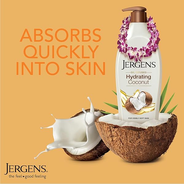 JERGENS HYDRATING COCONUT BODY LOTION, HAND AND BODY MOISTURIZER, INFUSED WITH COCONUT OIL, HYDRATES DRY SKIN INSTANTLY, DERMATOLOGIST TESTED, 26.5 OZ