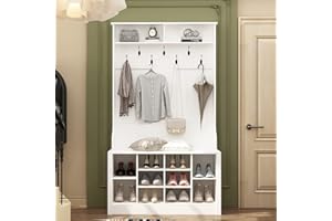 AIEGLE 39.4" Wide Entryway Hall Tree with Bench and Storage, 3-in-1 Hall Tree Cabient with 10 Shoe Cubbies & 7 Coat Hooks, Coat Rack with Space Storage, White