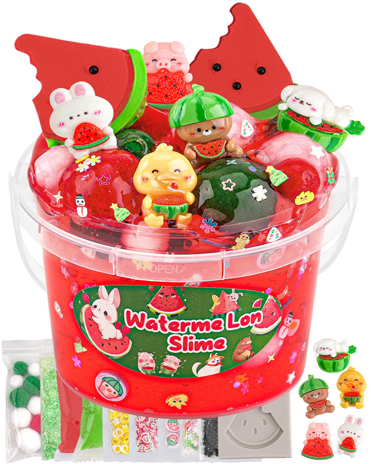 Photo 1 of Okaybee Watermelon Red Slime Kit, Clear Slime Bucket with Clay, 10 Packs of Add-ins, Slimes Party Favors for Kids, Sensory Toys Slimes Kit Birthday Easter Hallowmas for Girls & Boys Ages 8-12