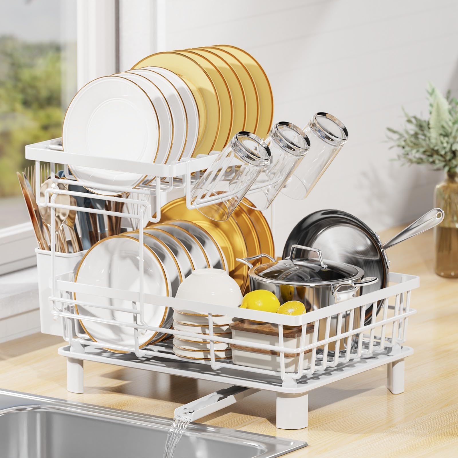 LIONONLY 2 Tier Dish Drainer Rack with Drip Tray, Detachable Dish drying Rack with Swivel Drainage Spout, Utensil & Cup Holder,Dish Rack for Kitchen Counter