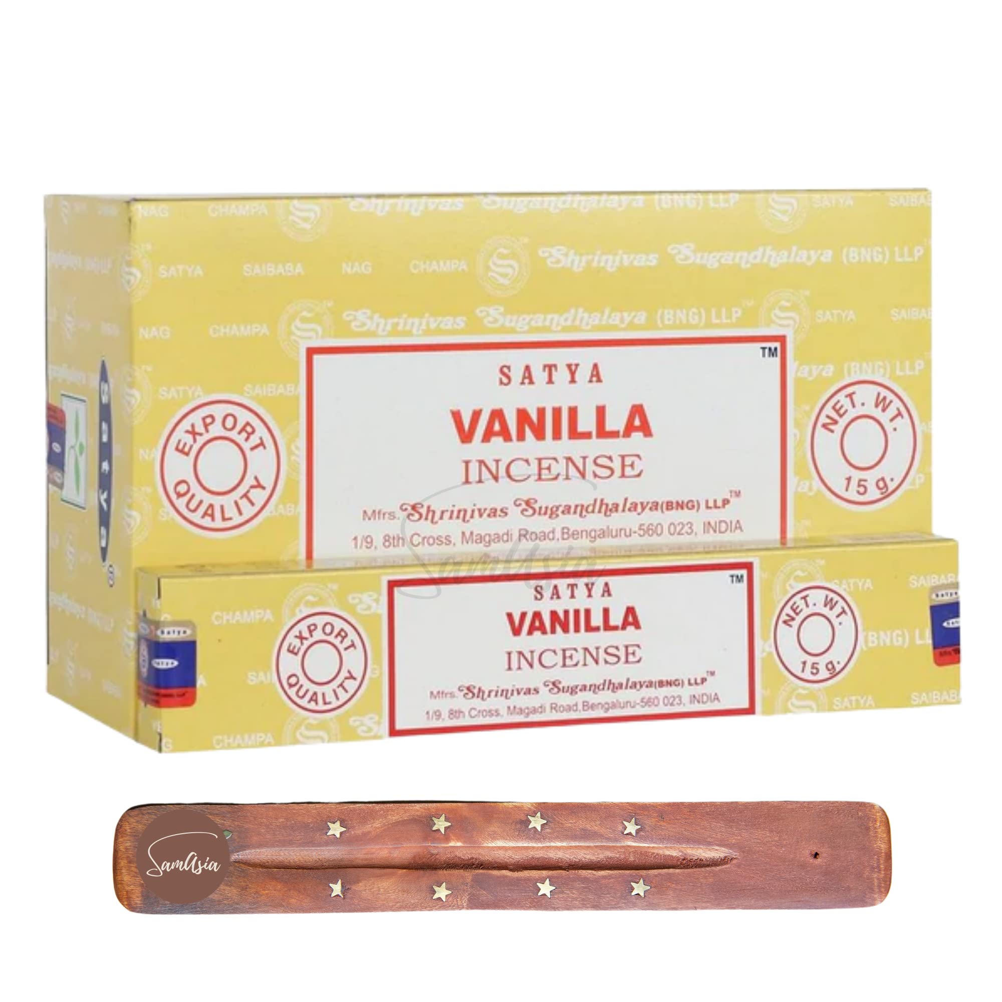 Satya Nag Champa Vanilla Incense Sticks | x12 pack | with SAMASIA incense sticks holder | Used for Vaomatherapy, Spa, Yoga, Weddings, Meditation, Healing, Positivity and Relaxation โ image 1
