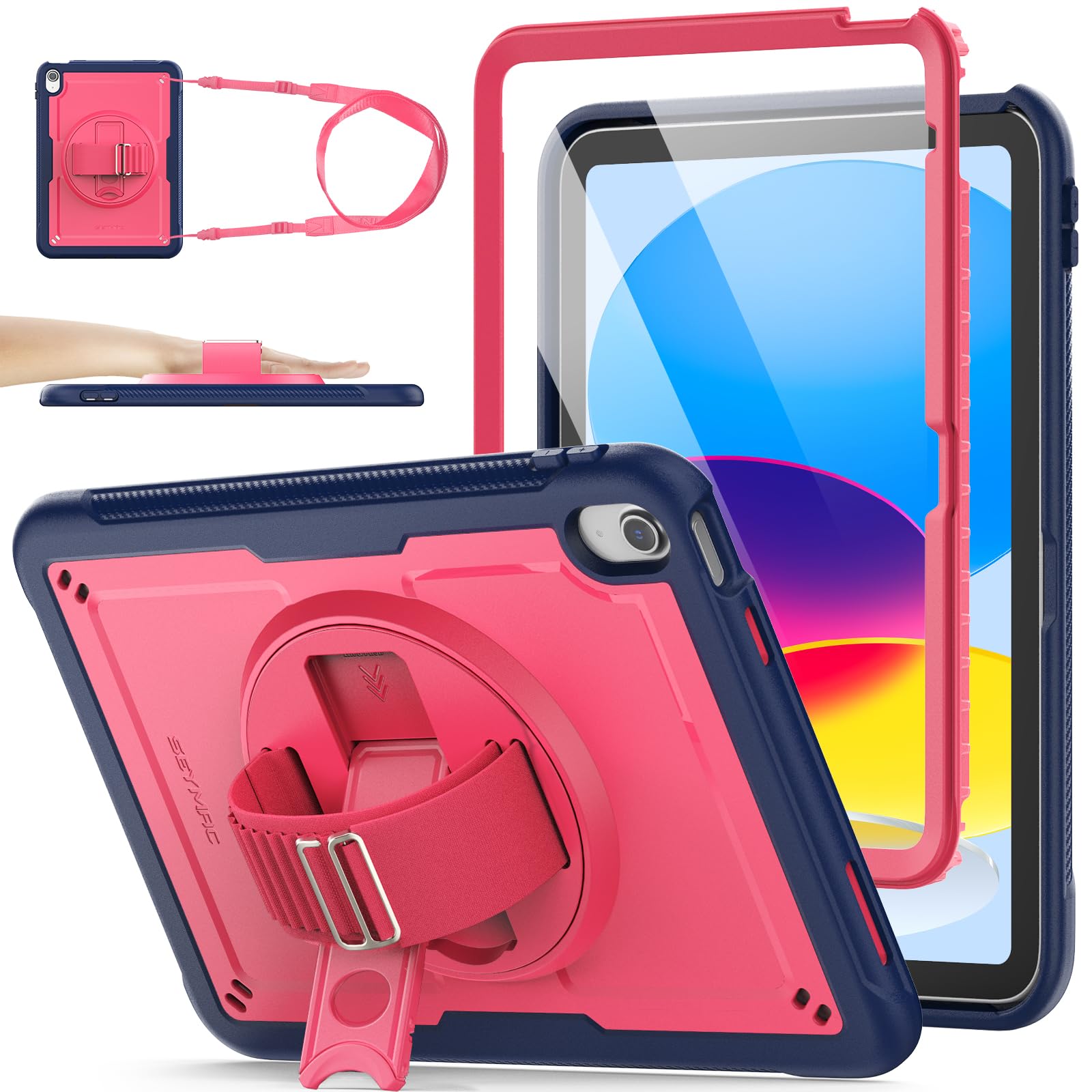 Photo 1 of SEYMAC stock Case for iPad A16 11-inch Case 2025/ for iPad 11th/ 10th Generation 10.9'' 2022, Protective with Screen Protector, Pen Holder, Rotate Stand, Loop Nylon Hand Strap, Shoulder Strap, Pink