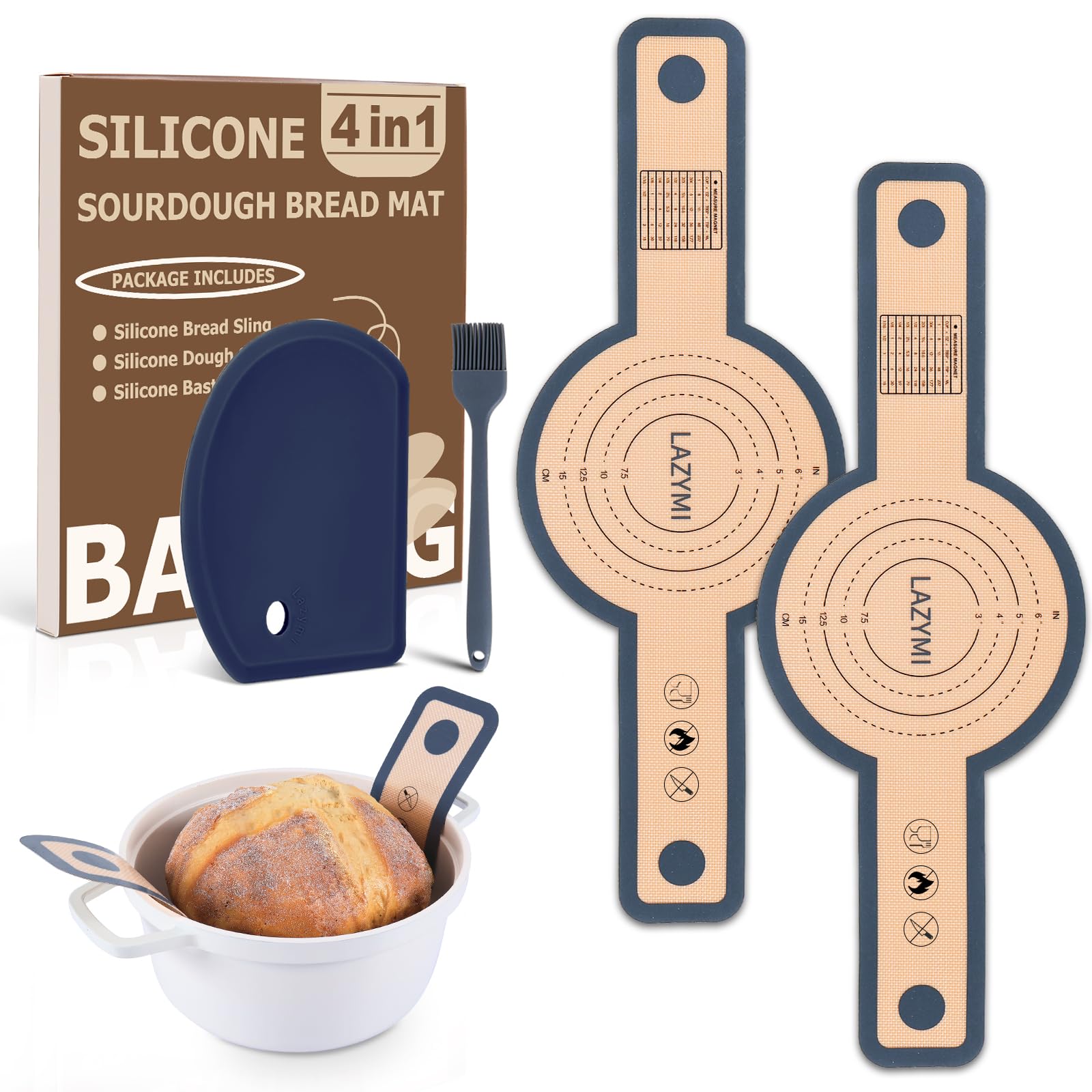 Lazymi 2PCS Silicone Bread Sling for Dutch Oven, Reusable Baking Mat with Long Handle for Transferring Sourdough, Baking Sling with Dough Scraper & Silicone Brush, Dark Grey