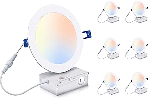CLOUDY BAY 6 inch 3000K/ 4000K/ 5000K 3 Color Temperature Selectable,Dimmable Recessed Lighting 15W CRI90+,Ultra Thin LED Recessed Light with Junction Box,IC Rated, Air Tight,ETL/JA8,White,6 Pack