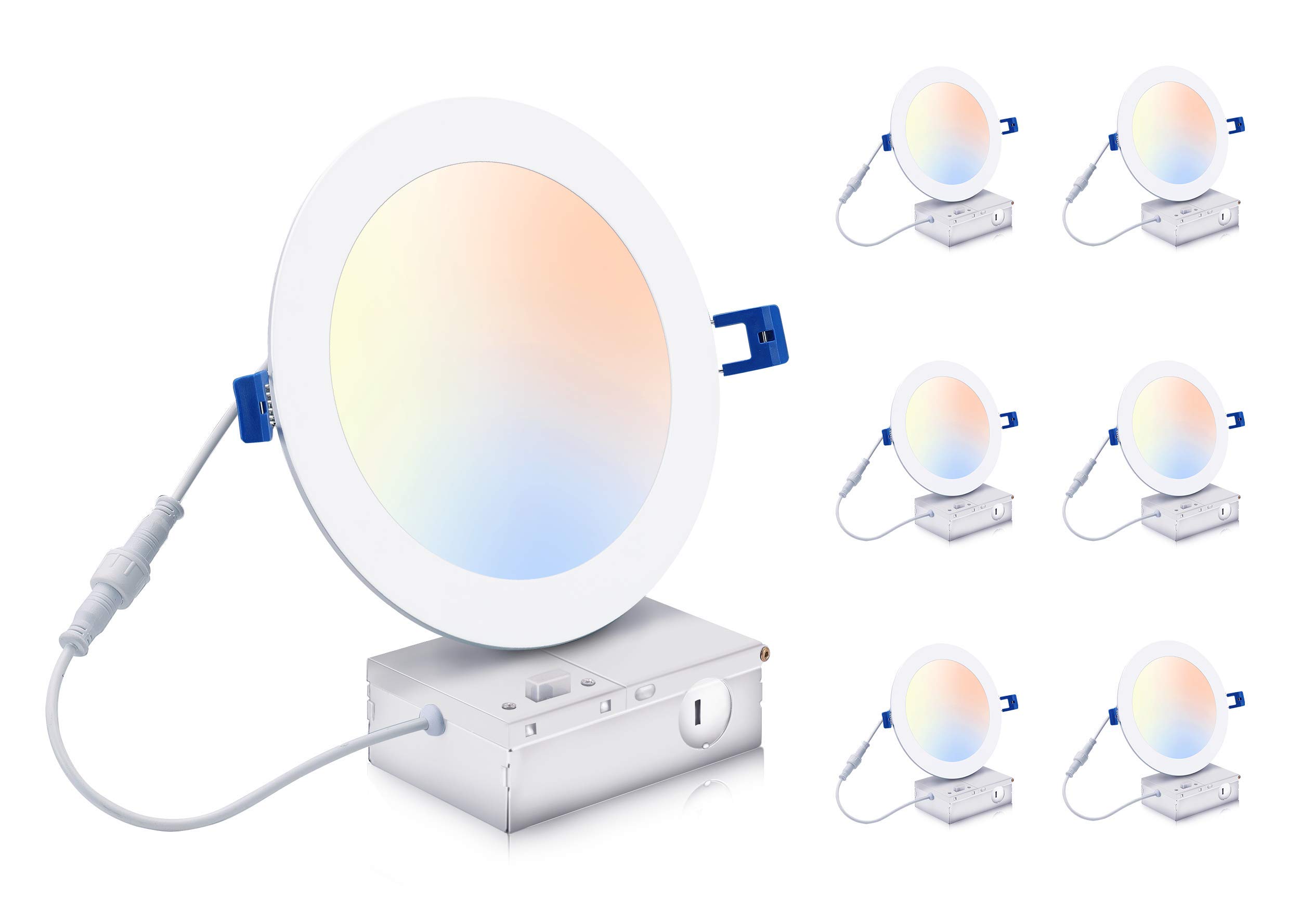 CLOUDY BAY 6 inch 3000K/ 4000K/ 5000K Selectable,Dimmable Recessed Lighting 15W CRI90+,Ultra Thin LED Recessed Light with Junction Box,IC Rated, Canless Wafer Downlight, Damp Location, White, 6 Pack