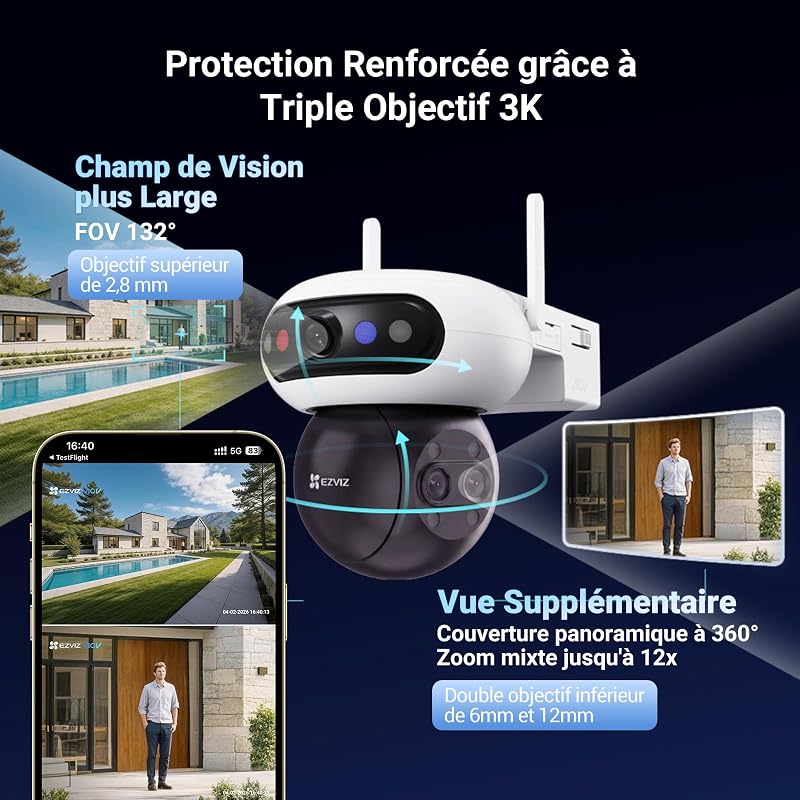 3K(5MP) x3 Camera Exterieur sans Fil à Triple Objectif, CB90f Kit