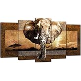 iHAPPYWALL Large 5 Pieces African Elephant Canvas Wall Art Wild Animal African Landscape Artwork Painting on Canvas For Modern Home Bedroom Decor Ready to Hang