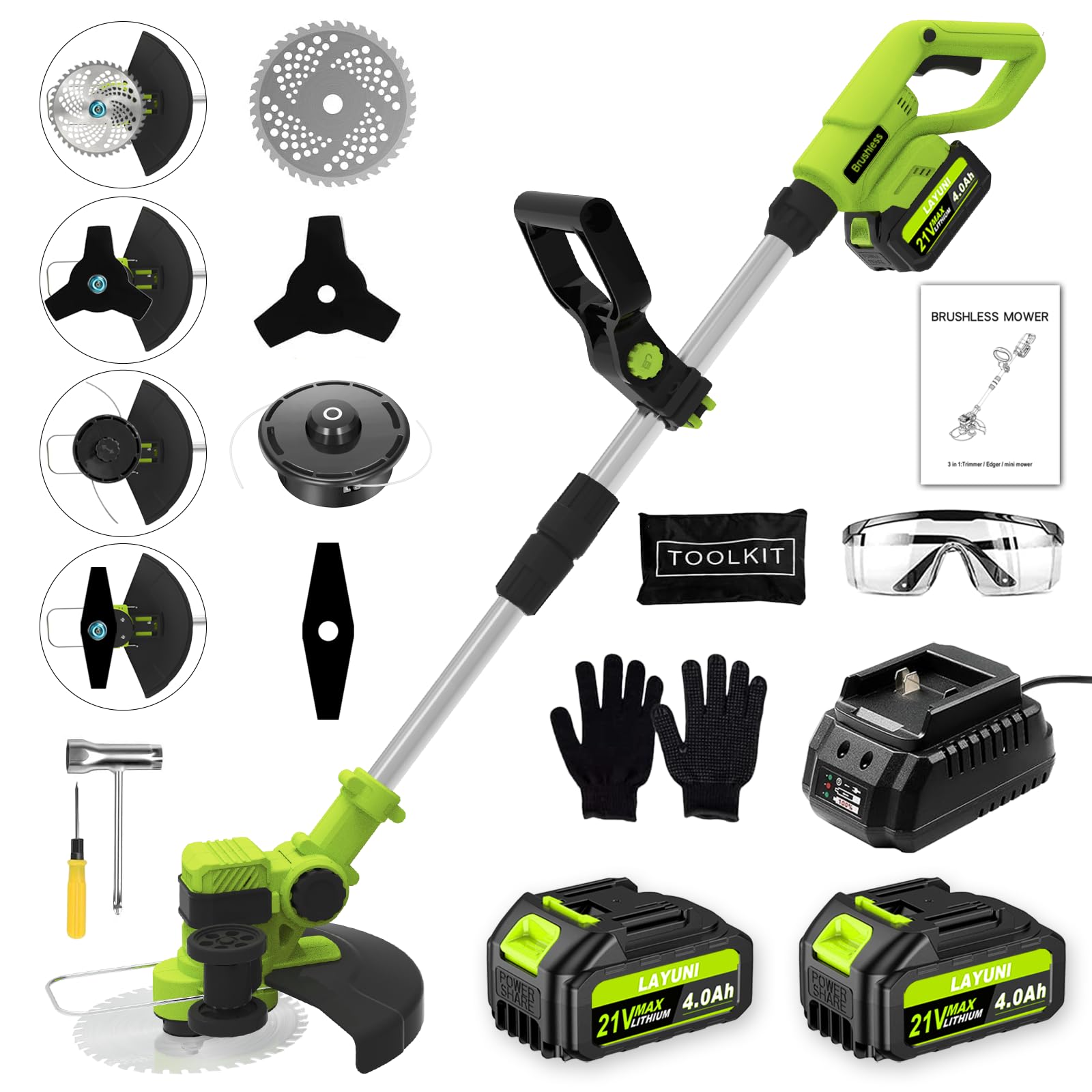 Photo 1 of 13"  Wacker Battery Powered, 3 in 1 Cordless Grass Trimmer/Edger/Brush Cutter with 4 Detachable Blade, Electric Weed Eater with 2 x 4.0Ah Batteries and Charger