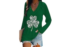 YMING Women's St. Patricks Day V Neck Shirt Irish Shamrock Print Sweatshirt Clover Print Long Sleeve Pullover Tops Plus Size