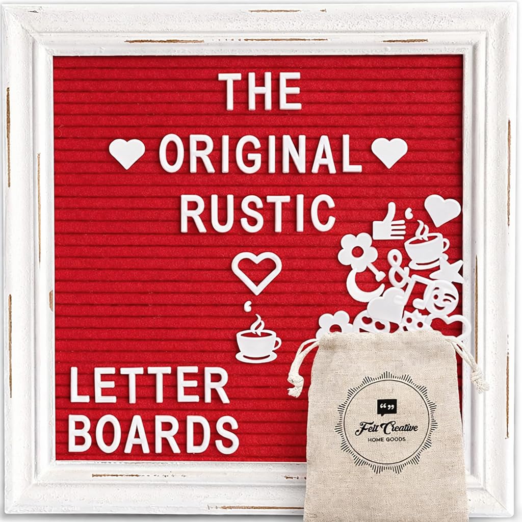 Red Felt Letter Board with Rustic White Wood Farmhouse Vintage Frame and Stand by Felt Creative Home Goods | 10x10 Inch Antique Changeable Message Board 350 White Alphabet Letters, Numbers, Emojis — image 1