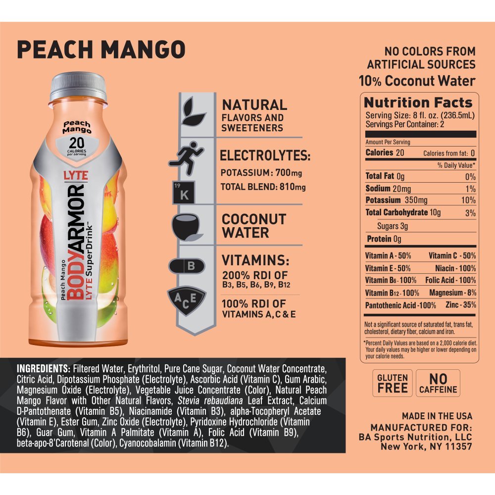 BODYARMOR LYTE SuperDrink LowCalorie Sports Beverage, Peach Mango, 16