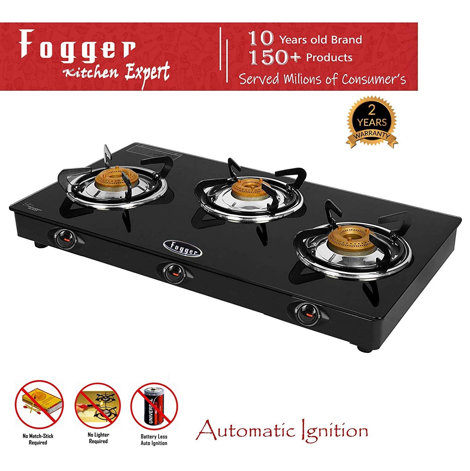 Automatic Ignition Smart Glass Top 3 Brass Burner LPG Gas Stove