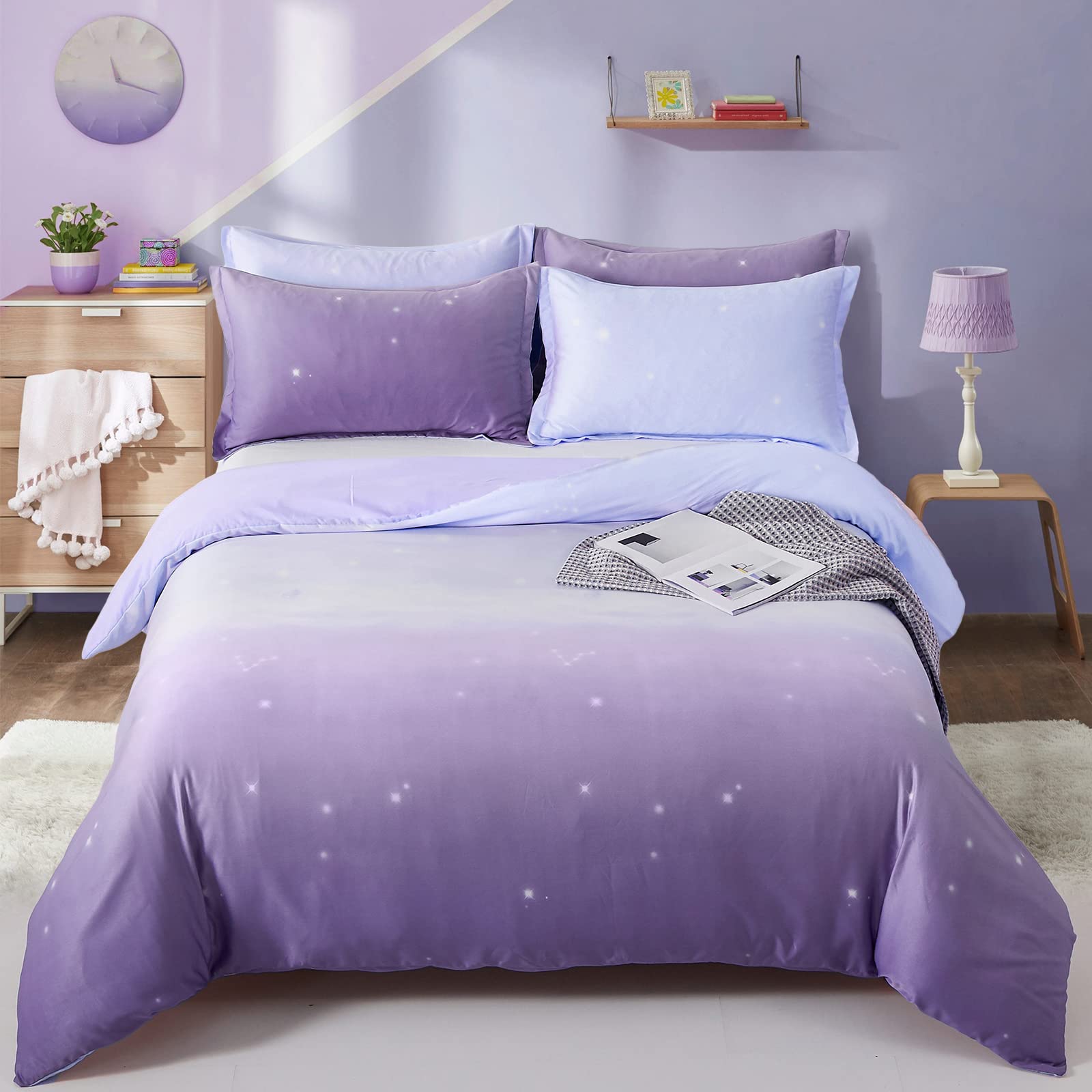 DJY Purple Bedding Set Lavender Gradient Duvet Cover Rainbow Quilt Cover Pillowcase with Zipper Closure for Kids Girls Teens Adults (Single Size 135x200cm) — image 1