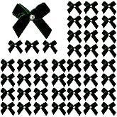 Meseey 60pcs Mini Velevt Ribbon Bows 1 Inch with Pearl Ribbon Flowers Appliques DIY Craft for Sewing, Scrapbooking, Wedding, Gift,Christmas Decoration(Dark Green)