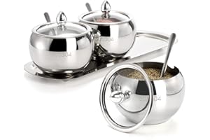 Hedume 3 Grids 304 Stainless Steel Seasoning Containers Set with Lid Spoon and Tray, Condiment Jar Spice Container, Condiment Canisters Pots for Serving Sugar, Pepper, Salt, Spice