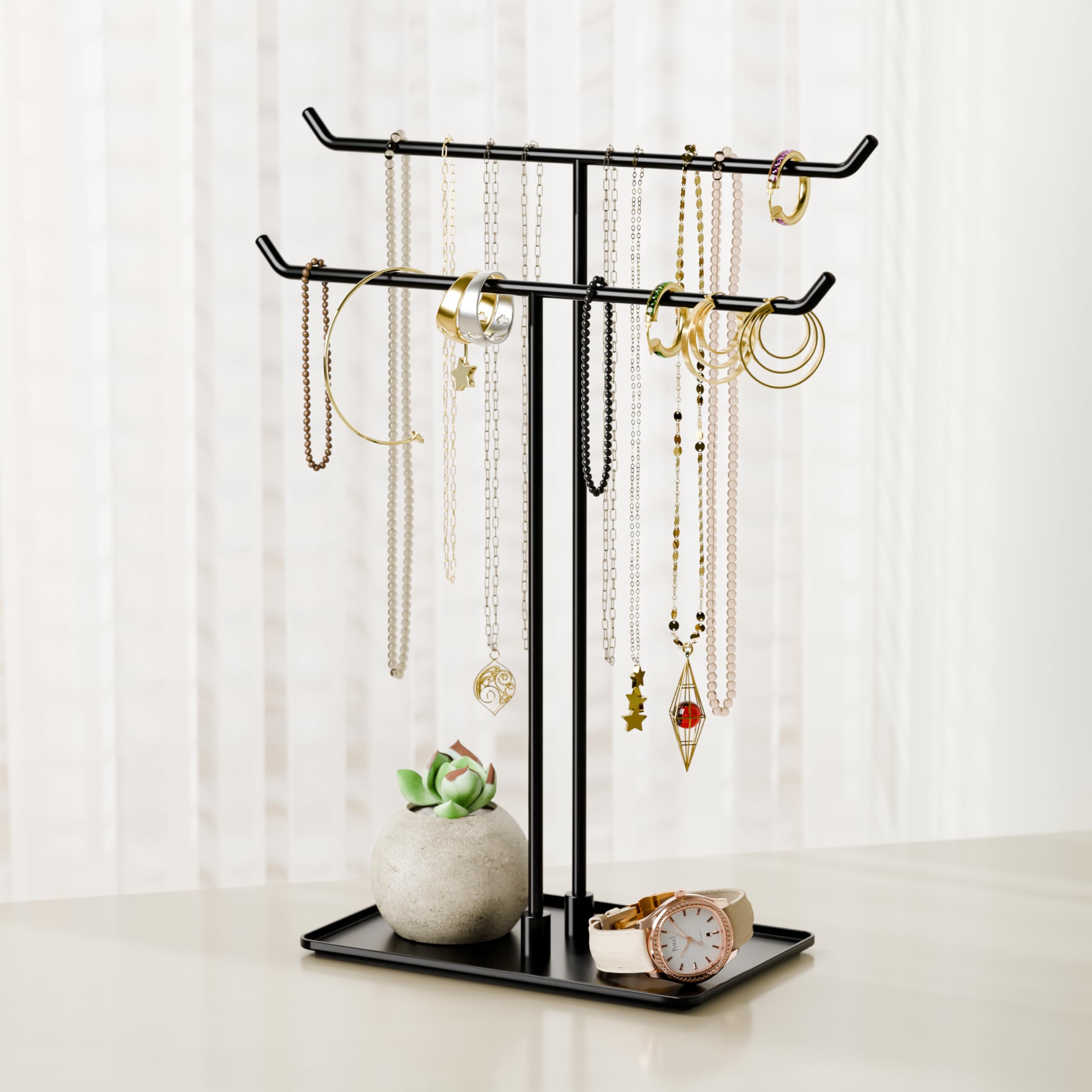 Bussdis Necklace Stand: Black Metal Necklace Organizer for Home Decor