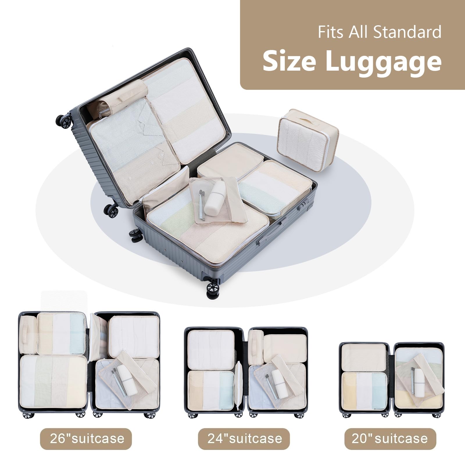 Easortm Easortm Packing Cubes for Travel - 9 Set Large Travel Cubes Luggage Organizer Bags Set With Laundry Bags/Shoe Bag/Toiletry Bag (Beige)