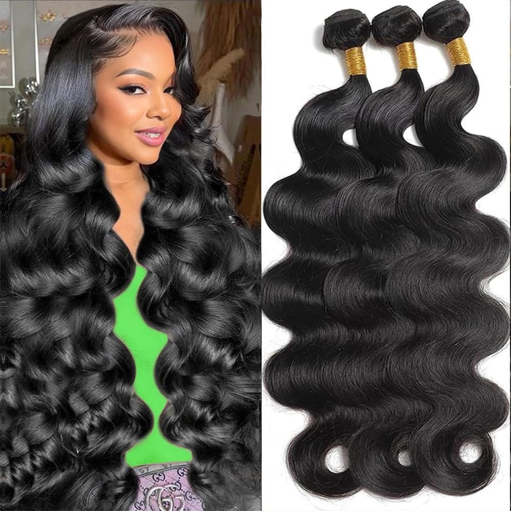 Brazilian Human Hair Bundles 16 18 20 Inch Body Wave Human Hair Bundles 12A 100% Unprocessed Virgin Hair Weave 3 Bundles Reals Human Hair Natural Black Color
