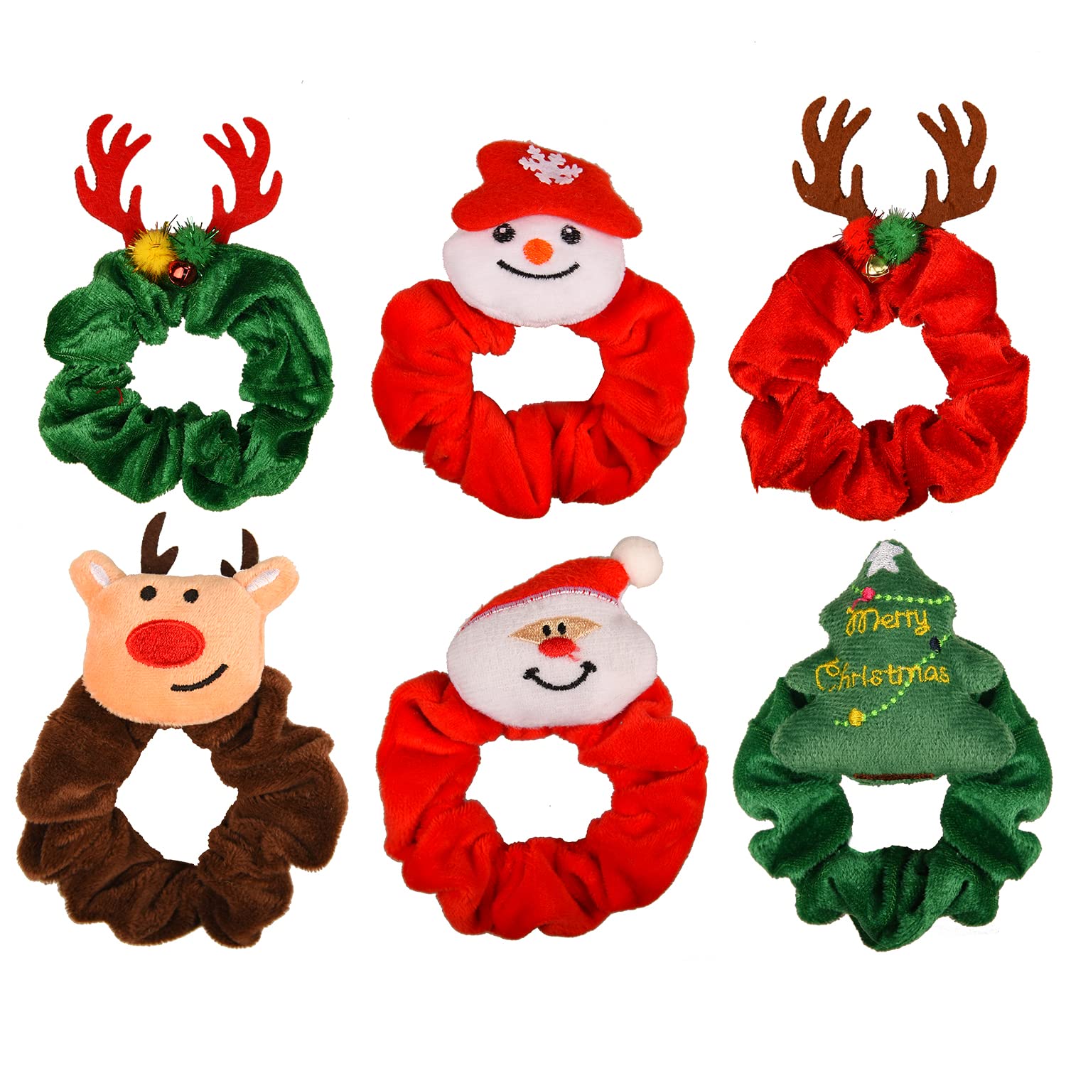 AOVNA 6 Pack Christmas Hair Scrunchies Christmas Tree Elk Santa Velvet Elastic Hair Bands