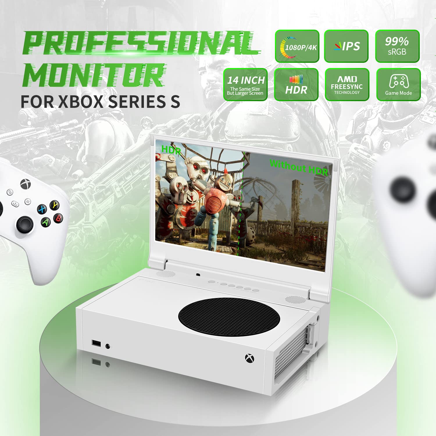 G-STORY 14‘’ Portable Monitor for Xbox Series S 4K Portable Gaming Monitor IPS Screen for Xbox Series S（not Included） with Two HDMI, HDR, Freesync Game Mode Travel Monitor (14inch&4K)
