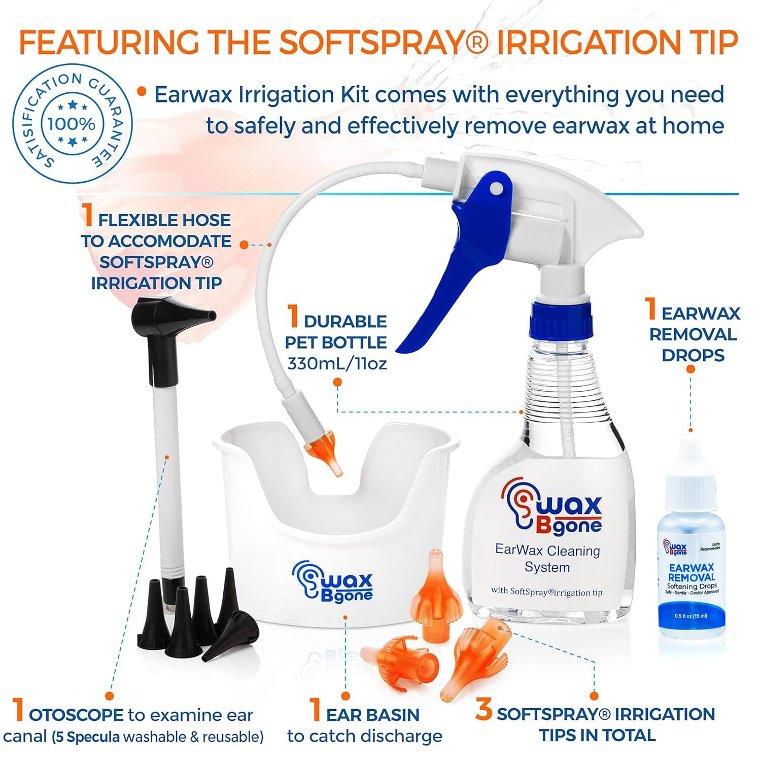 WaxBgone Ear Wax Removal Kit with SoftSpray Ear Irrigation Tips for Safe and Effective Earwax Removal - Complete Ear Cleaning Kit for Adults and Kids - Includes Ear Wax Removal Softening Drops