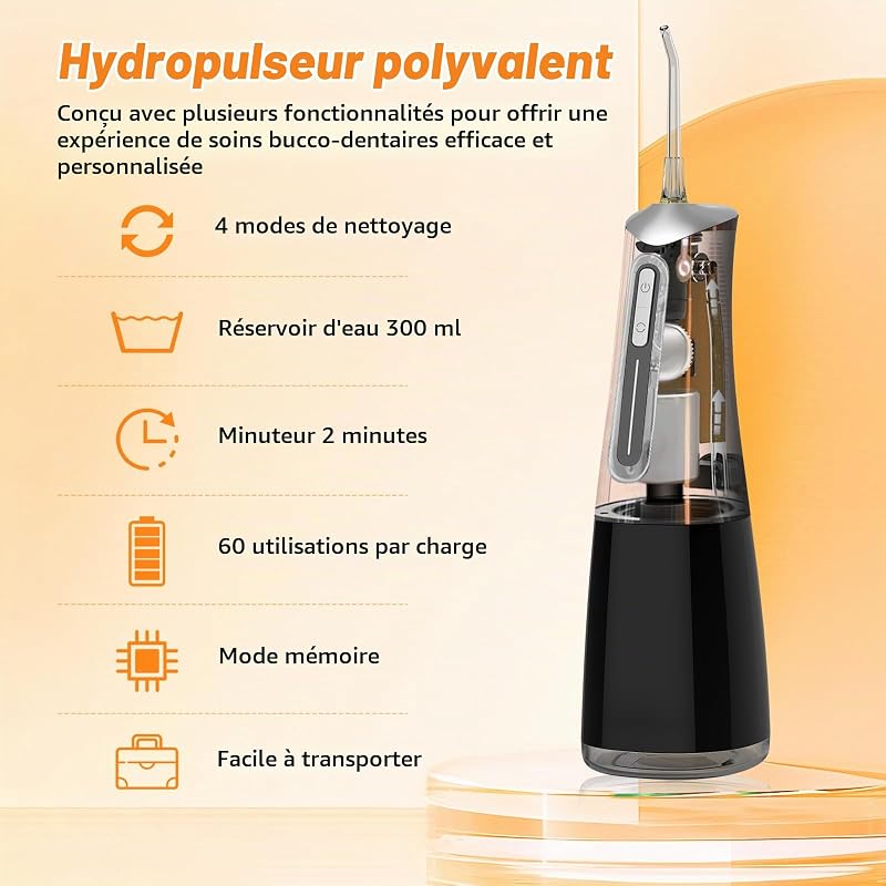 Jet Dentaire Hydropulseur,Water Flosser 4 Modes IPX7 Sans Fil