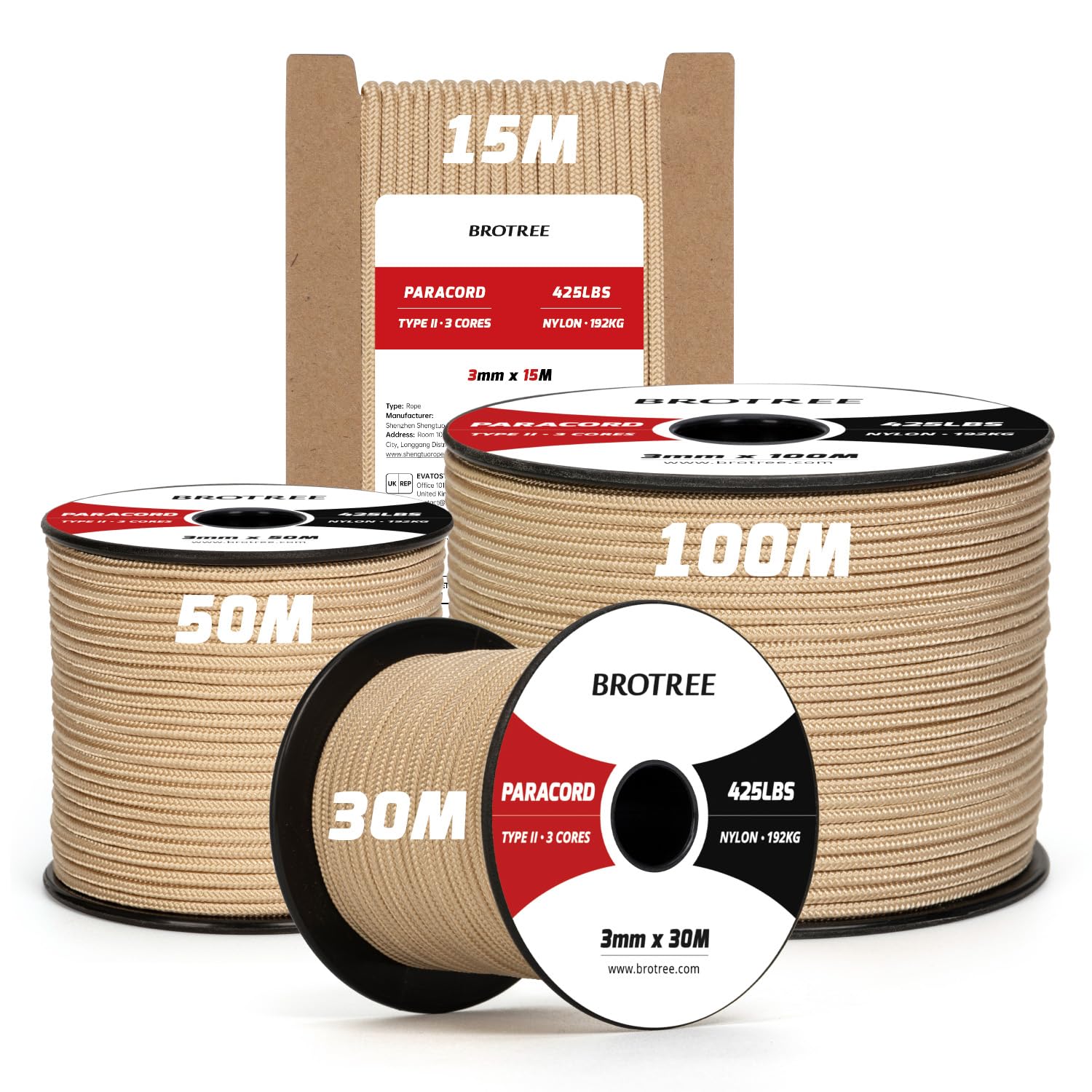 Brotree 3mm Paracord 425 100% Nylon 50M Rope 3 Strands Type II Parachute Cord for Outdoor, Craft, DIY - 192kg Breaking Load (Khaki)