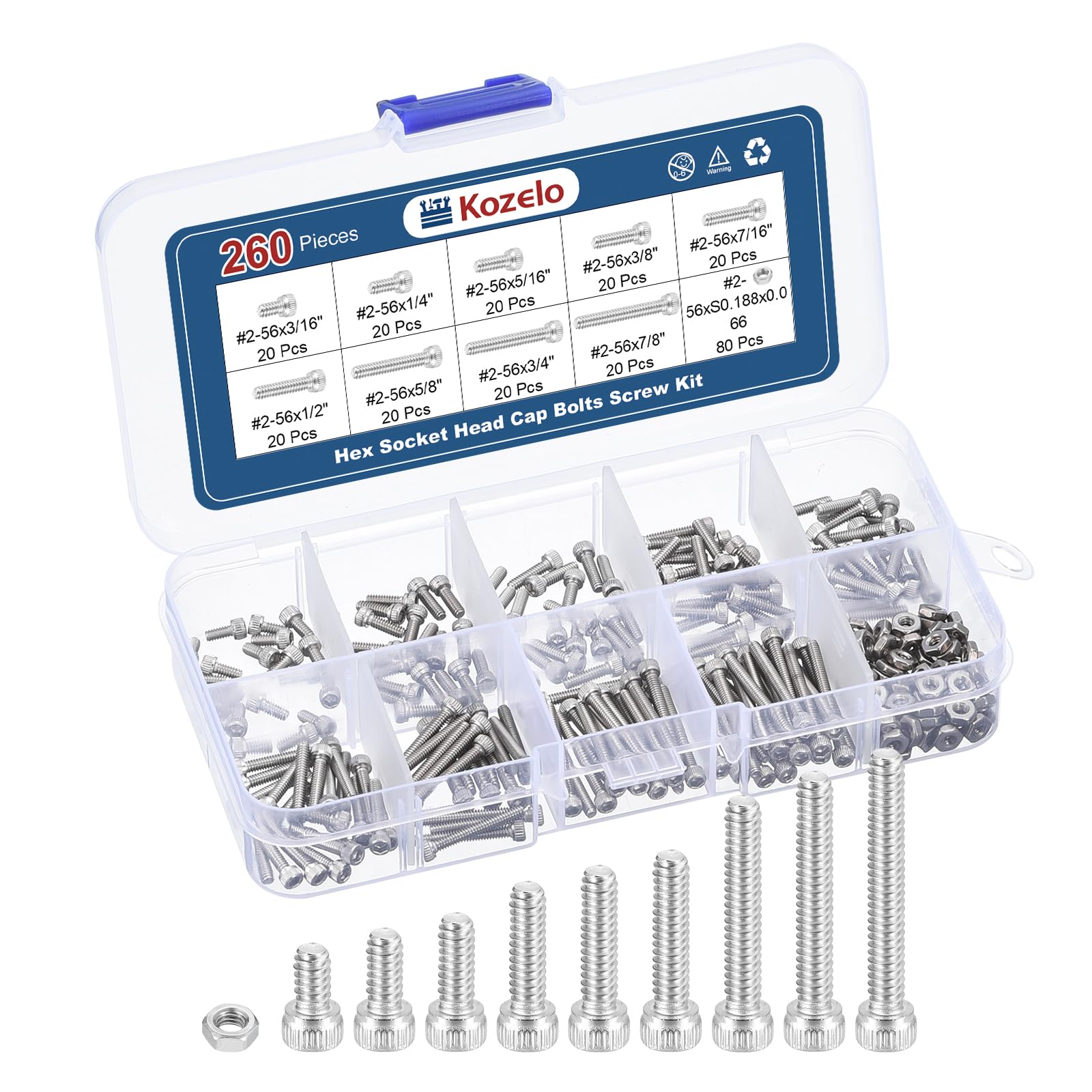 Kozelo 260pcs #2-56 Socket Head Cap Screws Bolts Nuts Assortment Kit - [3/16" to 7/8"] 304 Stainless Steel Allen Socket Drive for 3D Printer