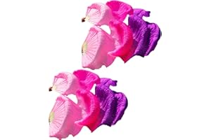 FHAUOPSA Belly Dance Faux Silk Veil Fans, 2 Pair Handmade Long Faux Silk Fans for Dancing, Abanicos de Danza for Line Dancing
